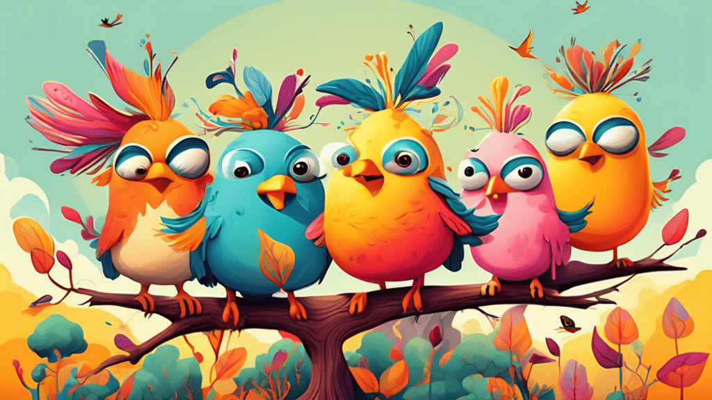 Create a whimsical illustration featuring a group of cartoon birds engaging in humorous, silly misadventures that gently imply lack of intelligence, set against a vibrant, natural landscape.