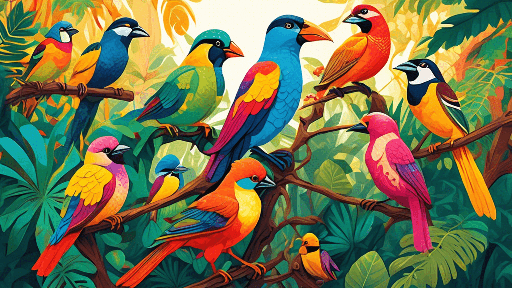 Create a captivating and detailed illustration showcasing the top 10 most colorful birds in the world congregated in a vibrant, lush rainforest setting, each perched on branches that highlight their unique color patterns and features, under a radiant, sunlit sky.