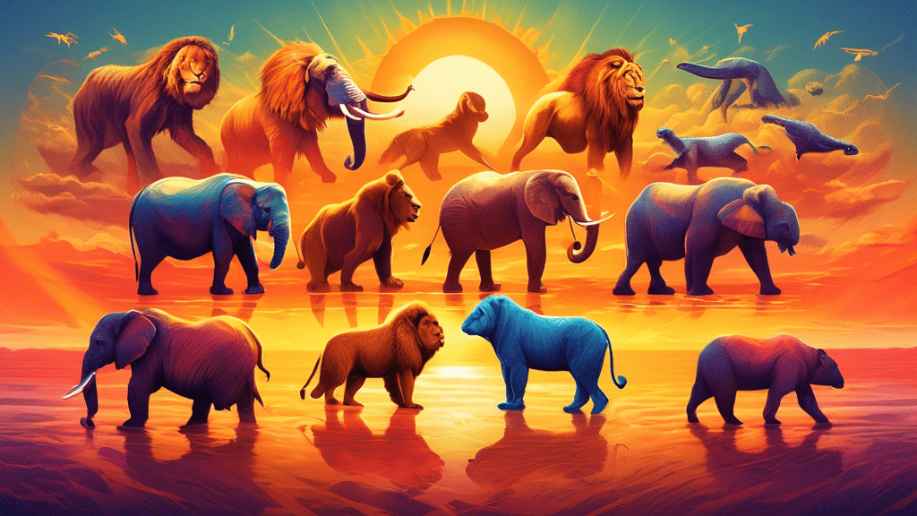 A vibrant, artistic illustration showcasing a diverse group of the top 10 strongest animals on Earth, each demonstrating their strength in a unique environment, harmoniously aligned in ascending order of strength under a radiant, golden sunset.