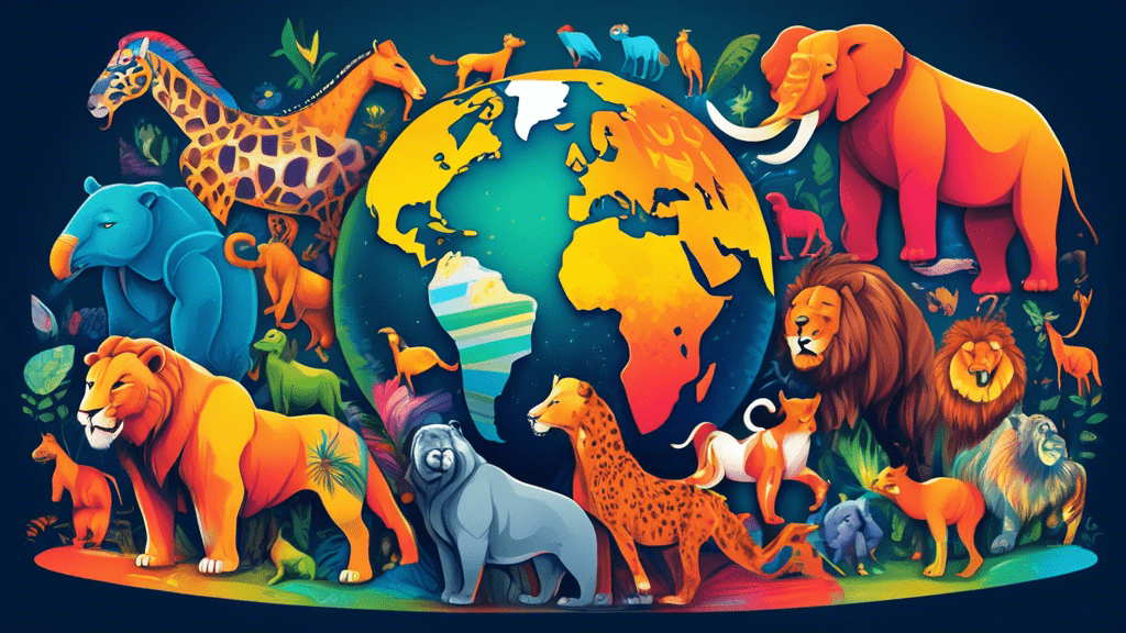 Vibrant illustration displaying the top 10 strongest animals on the planet gathered around a globe, showcasing their strength and might in a harmonious circle.