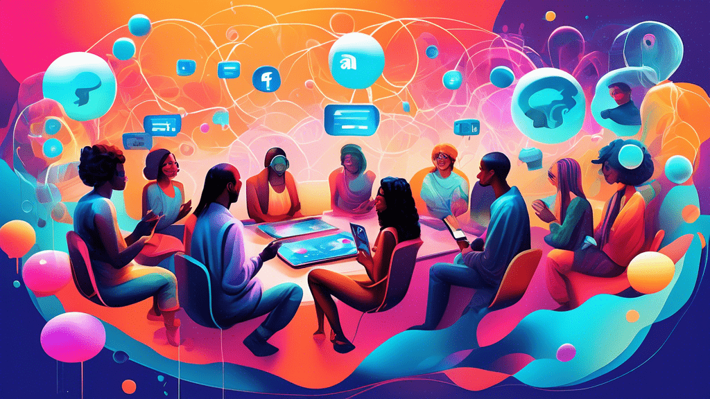 Digital painting of diverse people engaging in conversations and sharing media on various futuristic social media platforms that are not Facebook, floating in interconnected bubbles against a vibrant, digital landscape background.