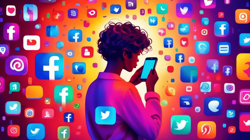 Vibrant digital painting of a person using multiple colorful social media app icons on a smartphone, excluding the Facebook logo, set against a futuristic iOS device background.