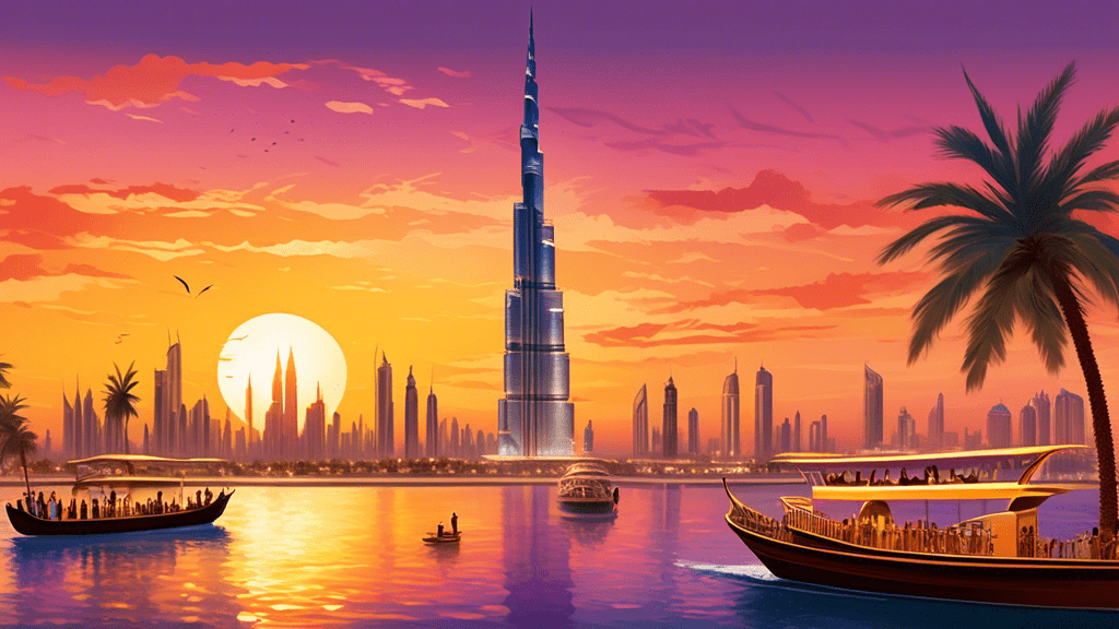 An awe-inspiring panoramic view of Dubai showcasing the Burj Khalifa, Palm Jumeirah, and Dubai Frame illuminated under a golden sunset sky, with tourists enjoying a traditional dhow cruise in the foreground