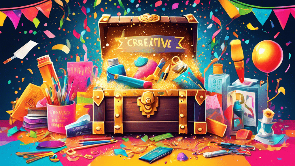 A vibrant and whimsical illustration of a treasure chest overflowing with colorful, imaginative prizes like art supplies, gadgets, and custom trophies under a sparkling confetti shower, with a banner reading 'Top Creative Prize Giveaway Ideas'.