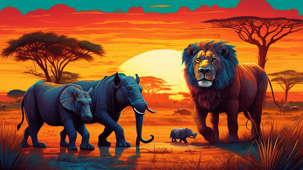 A vibrant, detailed illustration showing a dramatic landscape of Africa's savannah at sunset, featuring a lion, a hippopotamus, a Cape buffalo, an elephant, and a crocodile, all portrayed in an imposing manner showcasing their might and deadliness.
