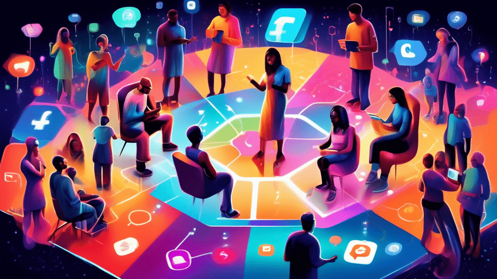 Digital painting of diverse people interacting and sharing content within an abstract, futuristic social media platform universe, showcasing alternative social networking sites to Facebook, each represented by a unique, glowing symbol.
