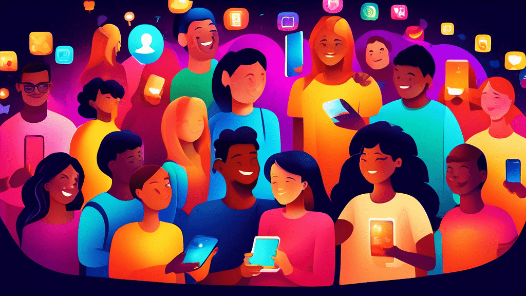 A vibrant illustration showcasing a diverse group of smiling people from different backgrounds connecting and sharing moments together through virtual screens of smartphones and tablets, illuminated by soft, warm lights of friendship apps icons floating around.