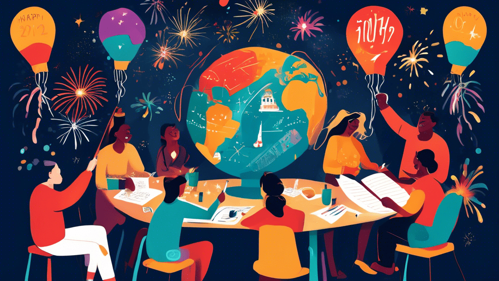 An illustrated group of diverse people joyfully writing and sharing their New Year bucket list goals, surrounded by fireworks, a calendar turning to January, and symbolic icons of dreams and adventures such as a globe, airplane, books, and a guitar.