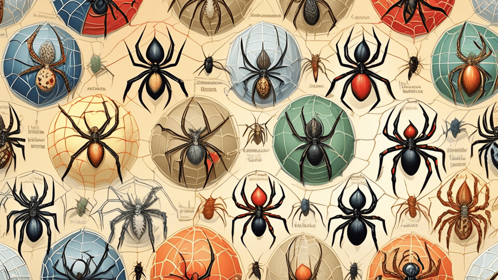 A beautifully detailed illustration showcasing a variety of the world's most venomous spiders, each labeled with its name, poised on a web that spans the globe.