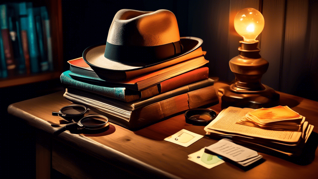 A stack of mystery novels with intriguing covers placed on a wooden table, under a dimly lit lamp, with magnifying glasses, a detective hat, and scattered clue cards around, in a cozy, shadow-filled reading nook.