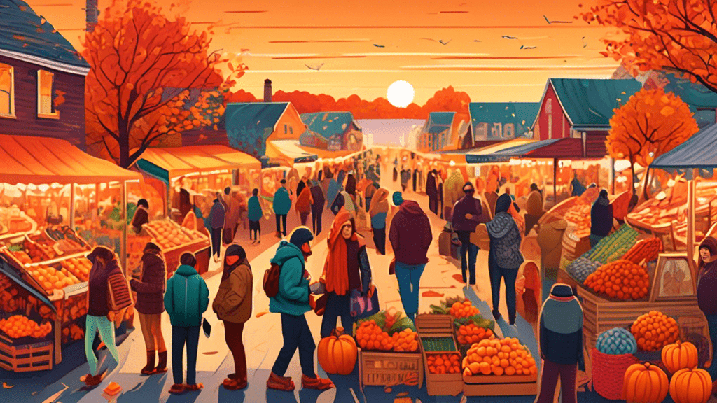 An intricately detailed, vibrant market scene showcasing a variety of must-have items for November, from cozy autumnal clothing to the latest tech gadgets, intertwined with people enjoying seasonal outdoor experiences like apple picking and scenic fall hikes, all captured in a warm, inviting sunset glow.