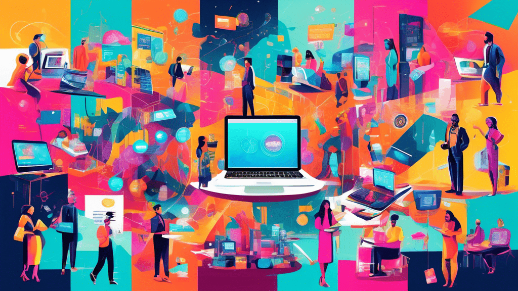 An imaginative digital collage showcasing a diverse array of profitable online businesses for 2023, including e-commerce storefronts, digital marketing agencies, and online education platforms, all thriving within a vibrant and futuristic internet landscape.