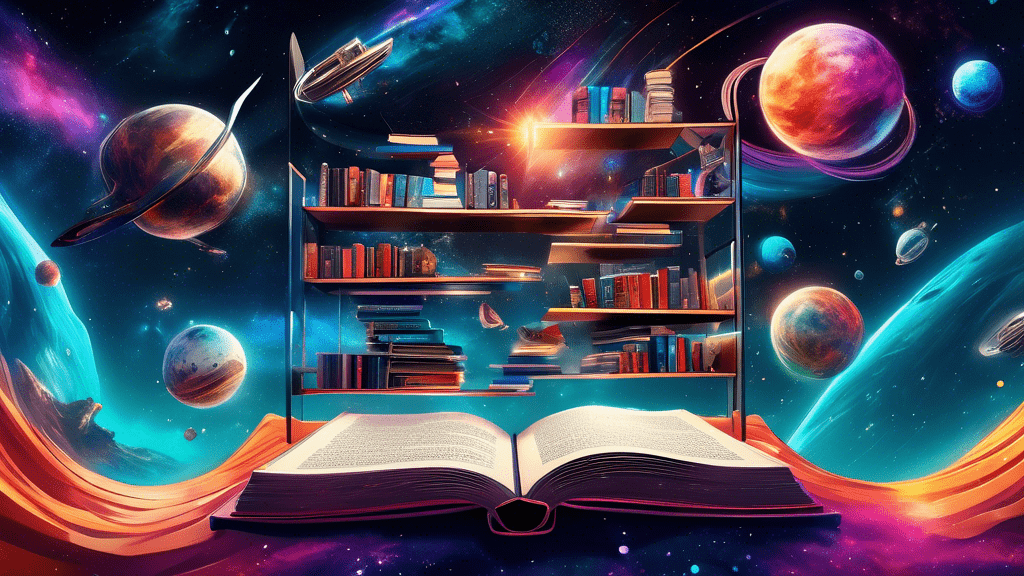 A vibrant digital artwork showcasing an eclectic mix of iconic science fiction books and movie elements floating in a zero-gravity library in space, with distant planets and galaxies glowing in the background.