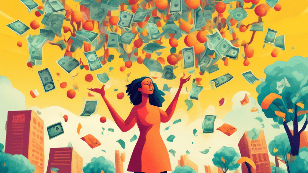 An imaginative and vibrant illustration depicting a person juggling multiple small businesses like a blog, online tutoring, and handmade craft sales, against a backdrop of growing money trees under a sky painted with dollar signs.