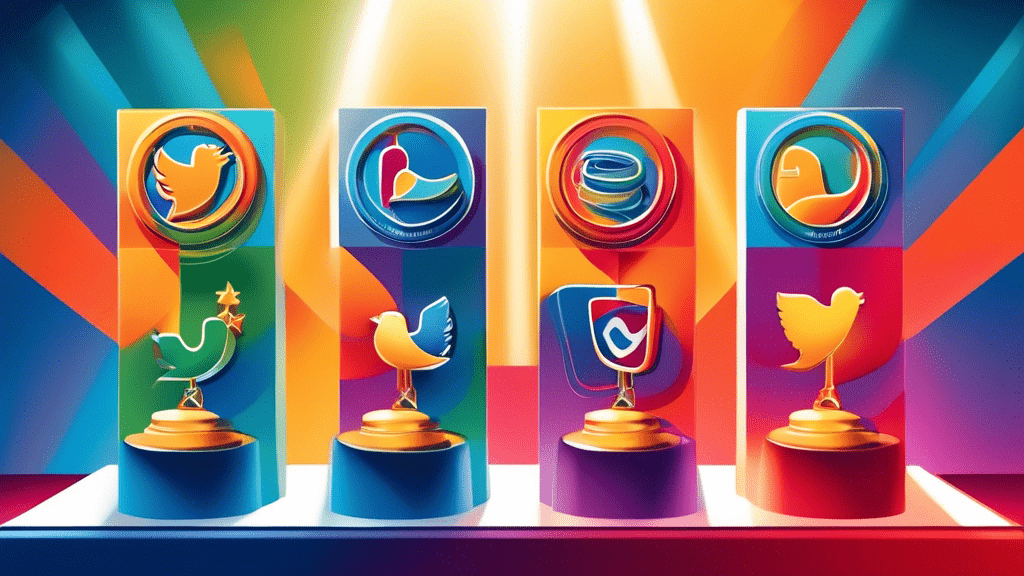 An artistic representation of various social media platform logos competing in an Olympic-style podium ceremony, with medals, under a bright spotlight.