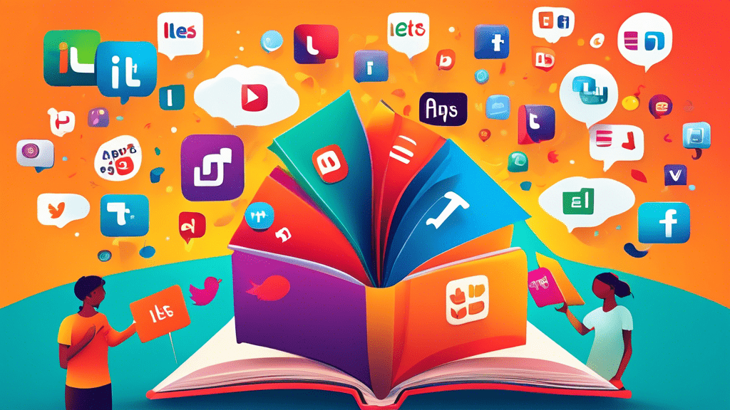 Create a vibrant image of diverse social media app icons floating above an open book labeled 'IELTS Preparation' with students from various backgrounds interacting with the apps.