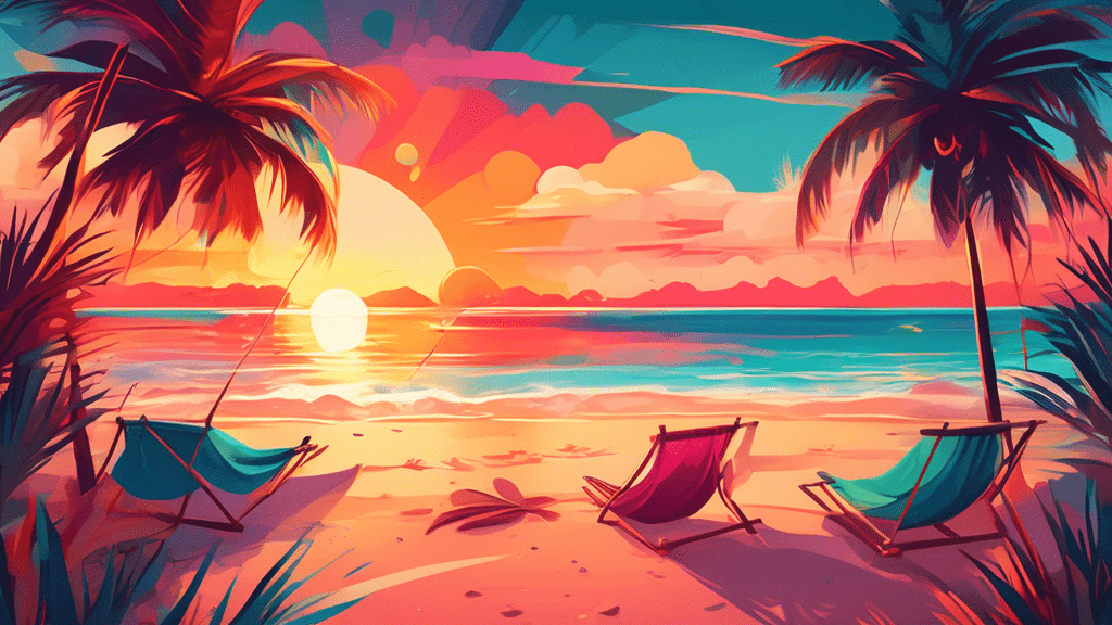 Create an image of a vibrant sunset view over a pristine beach with crystal-clear waters, surrounded by palm trees and cozy hammocks, capturing the essence of a perfect summer getaway.
