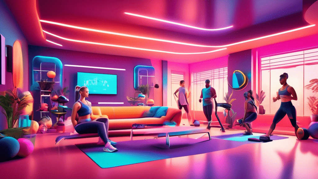 An ultra-modern living room transformed into a high-tech home gym, featuring AI-powered workout equipment and virtual reality fitness programs, with a diverse group of people engaging in various exercises.