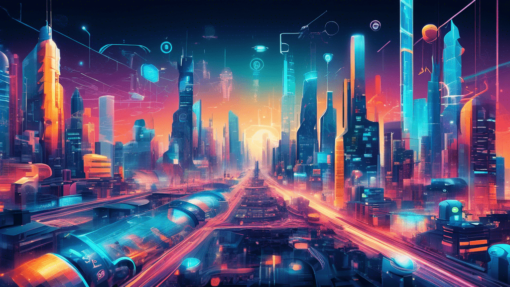 A futuristic cityscape with industries integrating advanced digital technology, including AI, robotics, and IoT, symbolizing the transformation and innovation in navigating the digital frontier.