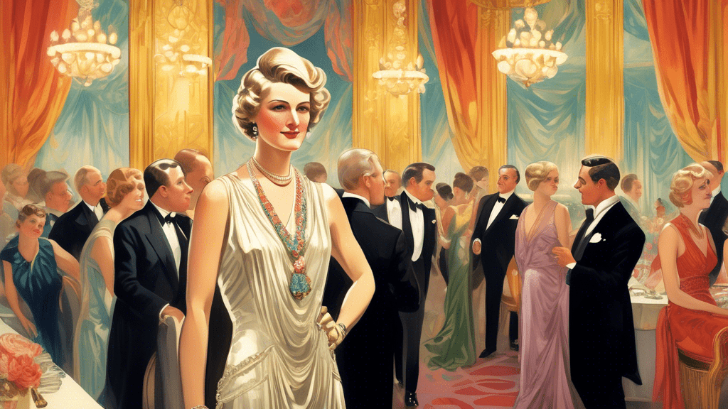 An elegant vintage portrait of Marjorie Post in a luxurious 1920s ballroom, surrounded by opulent Art Deco decor and guests dressed in exquisite period fashion, with subtle hints of her philanthropy and business achievements in the background.