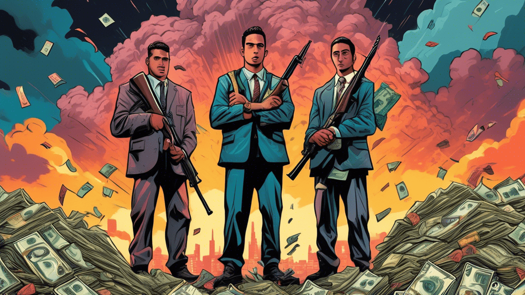 An illustration of two young arms dealers standing in front of a pile of weapons with a mountain of cash, under a stormy sky, symbolizing the true story behind 'War Dogs'.