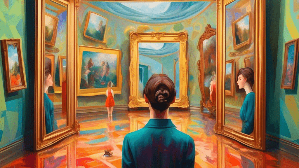 An imaginative depiction of a person peering into a classic painting, only to find their own reflection, amidst a whimsical gallery setting.