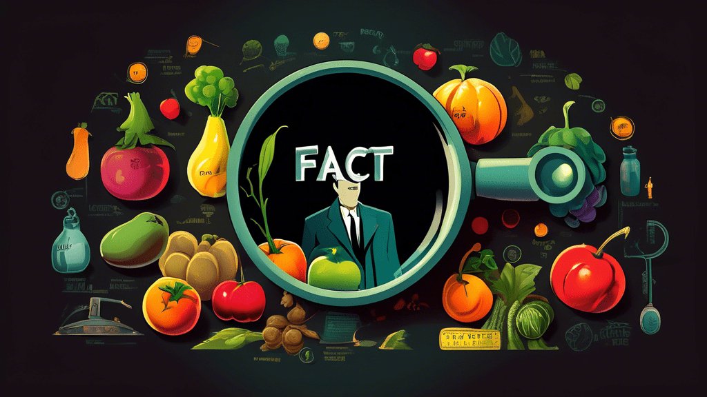 A vintage detective magnifying glass revealing fruits and vegetables under investigation, with shadowy figures labeled 'Fact' and 'Fiction' on either side, in a noir-inspired art style.