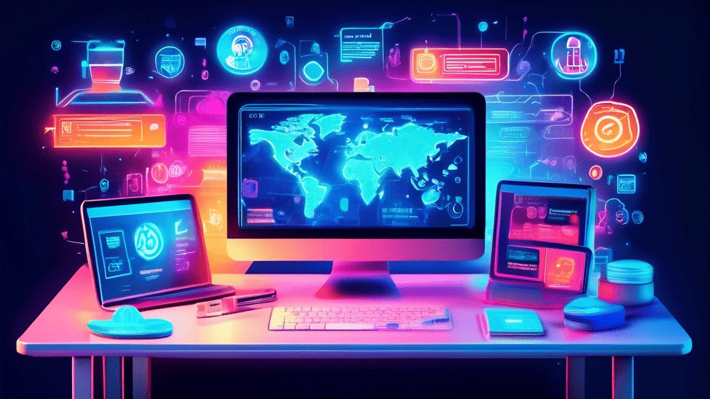 An illustrated digital blueprint filled with icons representing various online earning strategies such as blogging, affiliate marketing, freelancing, and e-commerce, shining brightly on a futuristic desk setup with the year 2024 glowing on a sleek, modern computer screen.