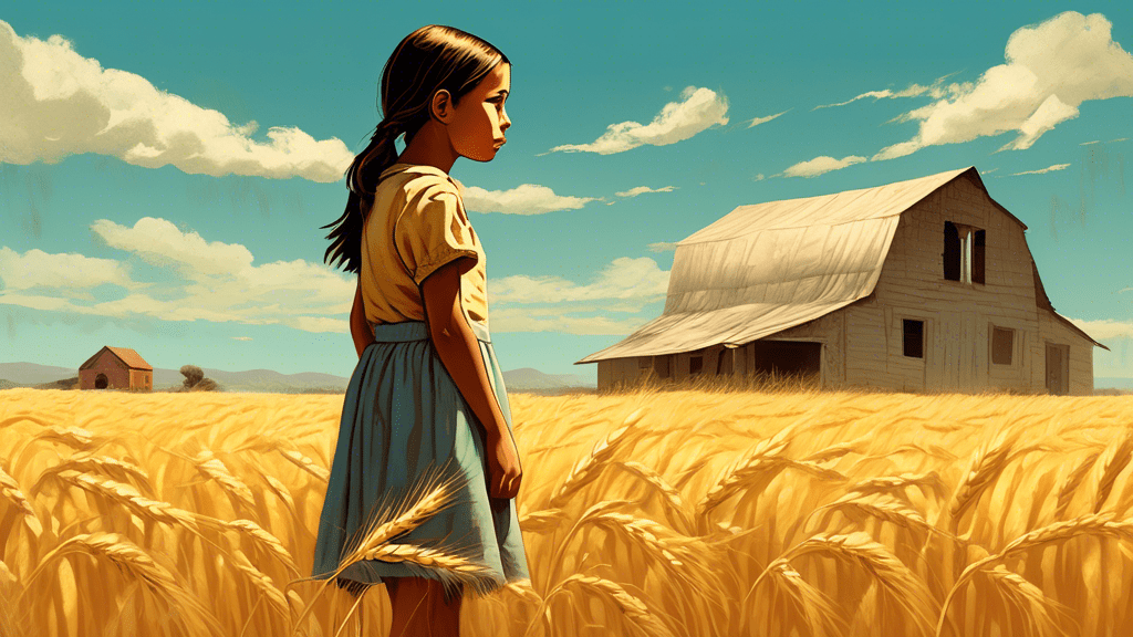 A young girl standing in a golden wheat field under a vast, azure sky, looking hopeful yet contemplative, with a ghostly, faded image of a Mexican farm in the background, symbolizing the journey from Mexico to California during the Great Depression, inspired by 'Esperanza Rising'.