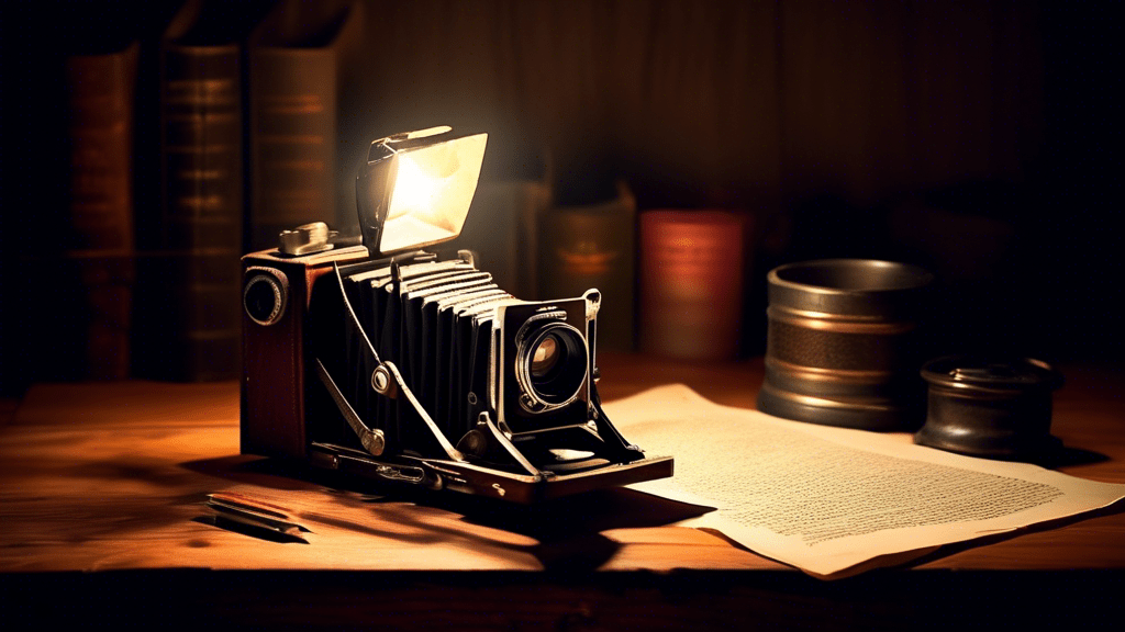 A vintage camera on a wooden desk illuminating a dusty manuscript titled 'The True Story Behind Lights Out', with dim, atmospheric lighting and shadowy figures in the background.