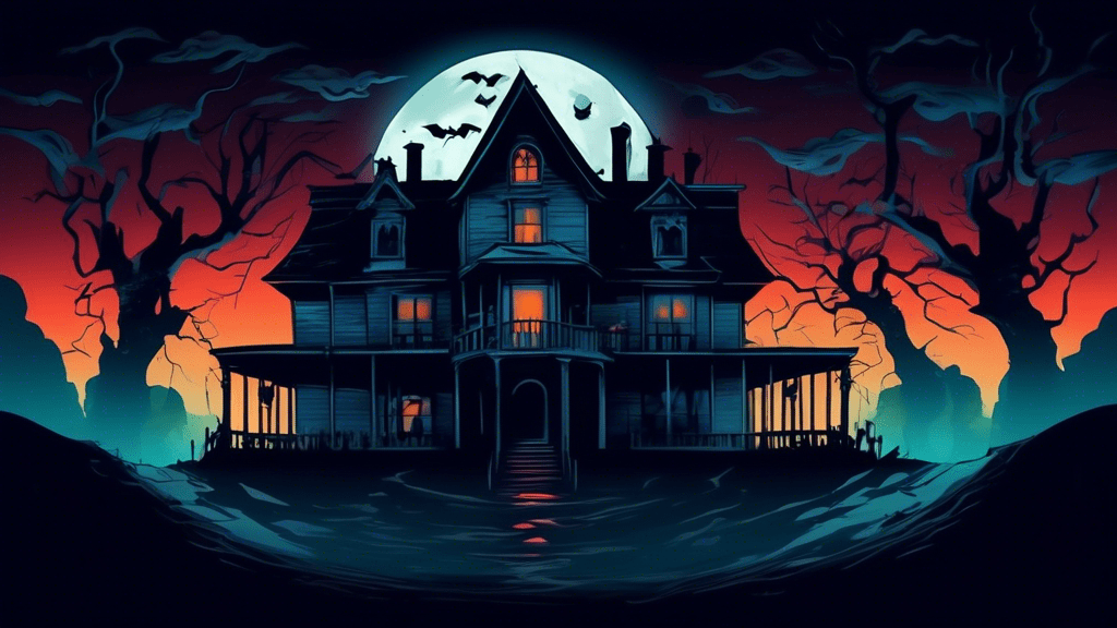 a shadowy, haunted house under a full moon with eerie ghosts floating around, depicted in a dramatic, cinematic style inspired by 'The Grudge' movie themes