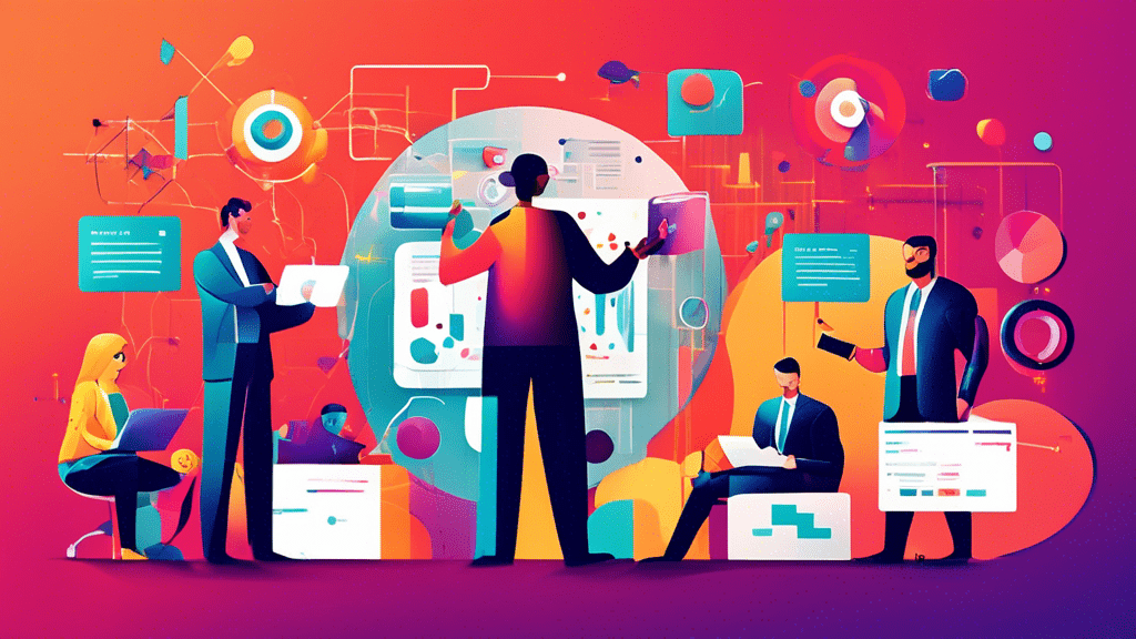 An illustration of a team of marketers targeting a specific large account with a laser focus, surrounded by tools like data analytics graphs, personalized marketing materials, and digital devices, all set against a background symbolizing strategic planning and collaboration in account-based marketing.