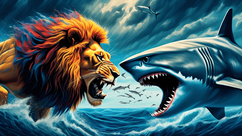An epic showdown between a lion and a shark, each representing terrestrial and aquatic apex predators, set on a split backdrop that showcases both the African savannah and the deep blue sea, under a dramatic stormy sky.