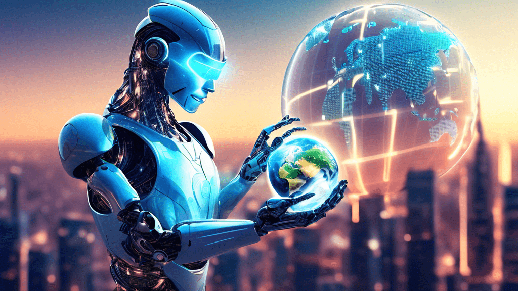 An illustration of a humanoid robot gently holding a glowing earth in its hands, with digital code streams swirling around, symbolizing a harmonious interaction between artificial intelligence and the world, set against a futuristic city background.