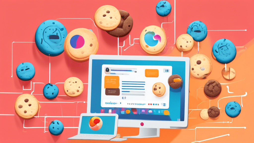 An infographic illustrating the concept of internet cookies, showing a computer screen displaying a browser with cookie pop-up notification, alongside visual metaphors of actual cookies connecting to different web pages.