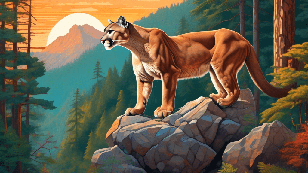 A majestic cougar perched on a rocky ledge in a dense forest, surveying its territory at dawn, with informational icons illustrating key behaviors and ecological facts floating around it.