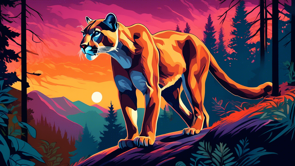 An illustration of a majestic cougar prowling through a dense mountain forest under a twilight sky, showcasing its powerful physique and keen eyes.