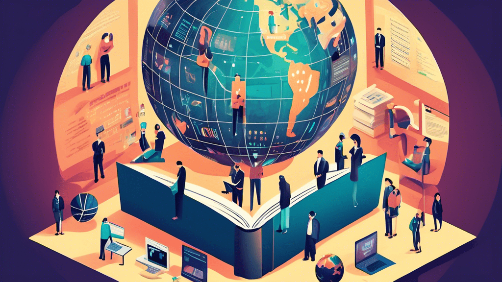 An illustration of a digital landscape with a large, open book titled 'Understanding Cyber Law' on a pedestal, surrounded by various internet and technology icons (like a globe, computer, lock, and binary code), with a group of diverse people standing around it, reading and discussing.