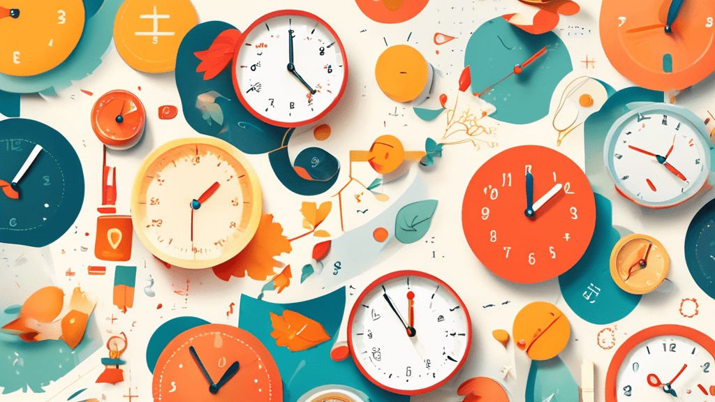An illustrated infographic explaining the concept of Daylight Saving Time with clocks moving back, surrounded by calendar pages and seasonal symbols