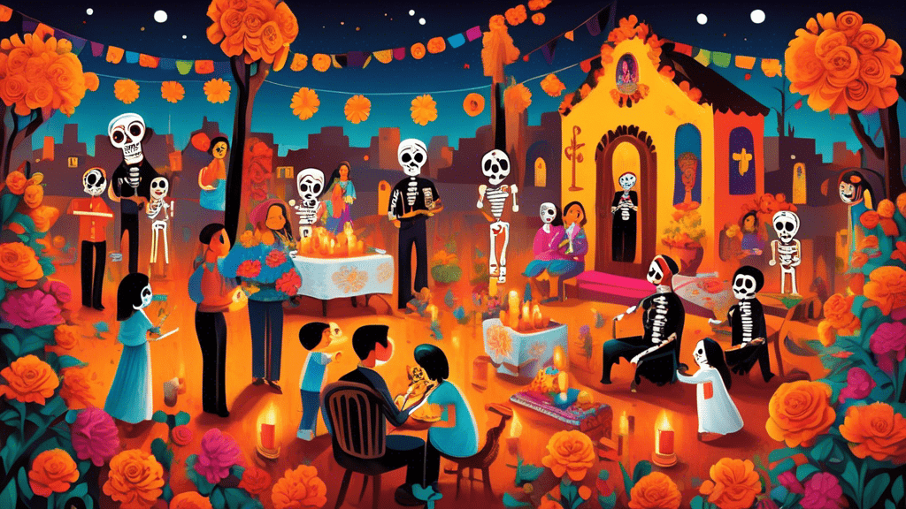 A vibrant and colorful illustration depicting a traditional Dia de Muertos scene with families celebrating at candlelit altars adorned with marigolds, sugar skulls, and photos of deceased loved ones, in a quaint Mexican village.