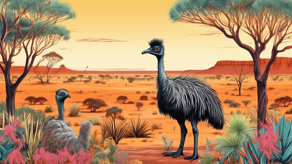 A detailed illustration of an emu in the Australian outback, surrounded by native flora and fauna, with informative captions highlighting fascinating facts about this iconic bird.