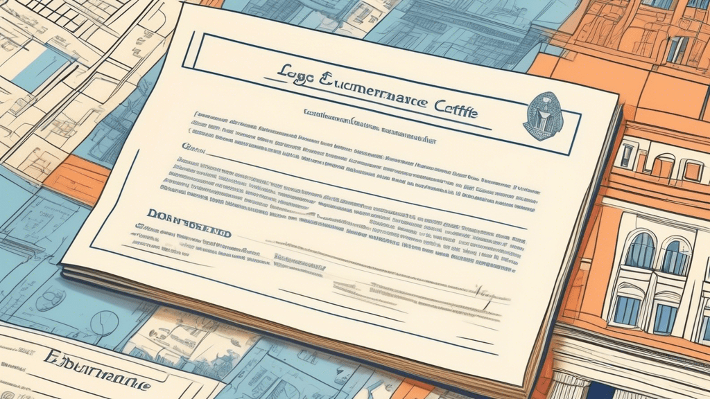 An infographic illustrating the step-by-step process to acquire an Encumbrance Certificate, with symbols representing legal documents, property, and government offices, on a background of a blueprint.
