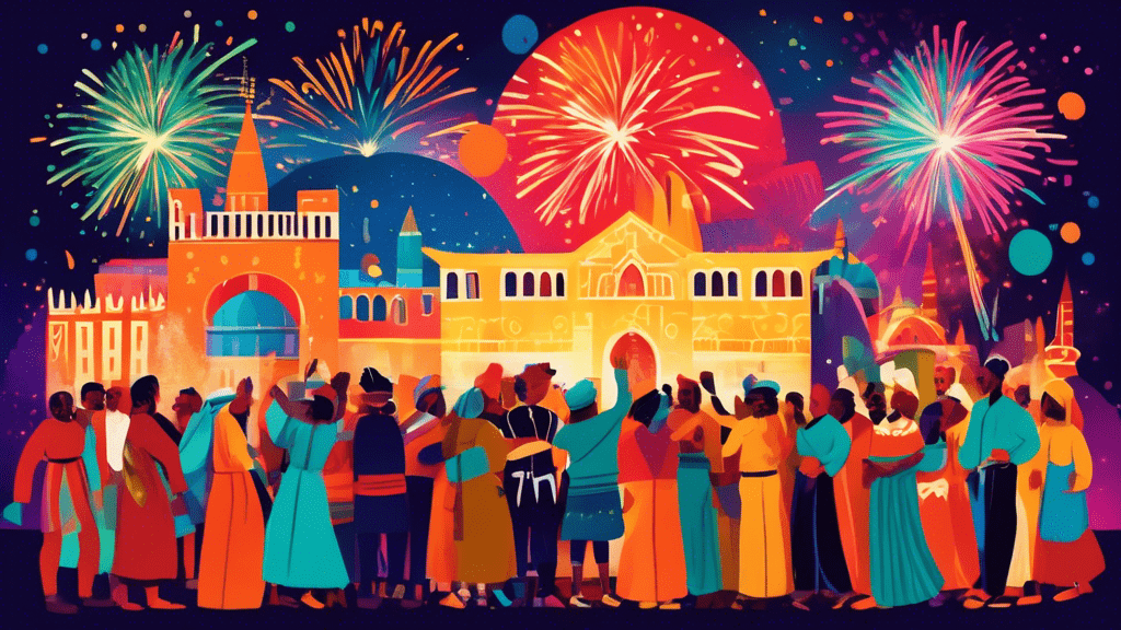 A vibrant illustration of people from different cultures around the world celebrating the Epiphany holiday, showcasing traditional attire and customs, with historical landmarks in the background under a sky filled with colorful fireworks.