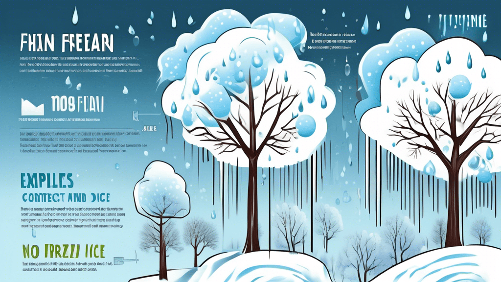 An infographic illustrating the meteorological process of freezing rain formation, including clouds, falling droplets transitioning from rain to ice upon contact with cold surfaces, and examples of impacts such as ice-coated trees, power lines, and roads.