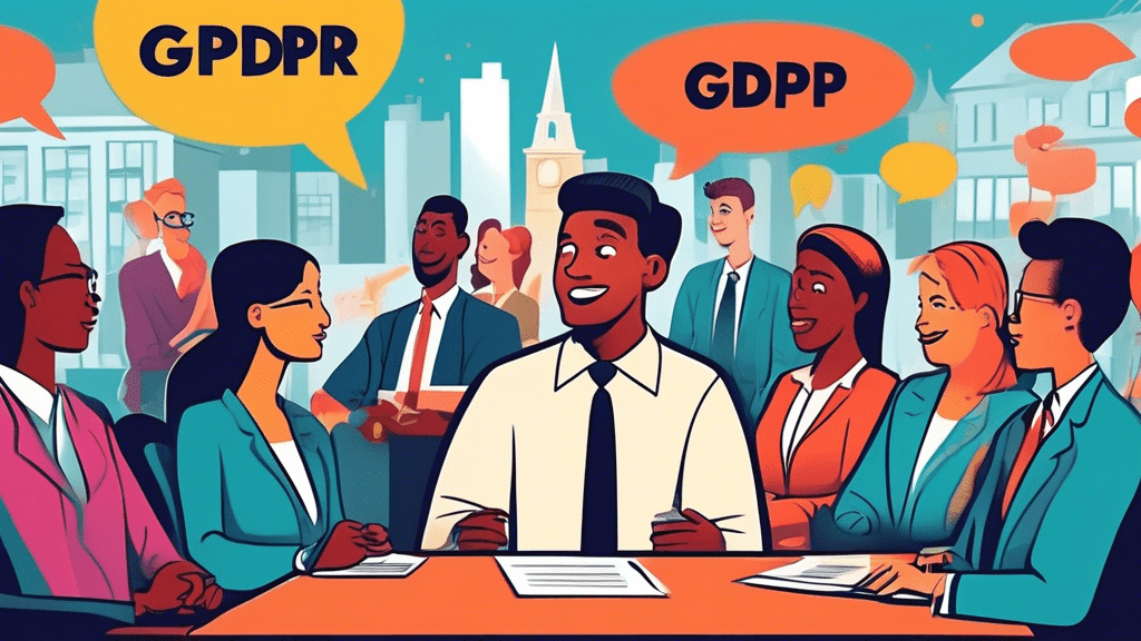 A cartoon illustration of a friendly lawyer explaining the GDPR to a group of diverse small business owners, with colorful speech bubbles containing simplified legal concepts and iconic European landmarks in the background.