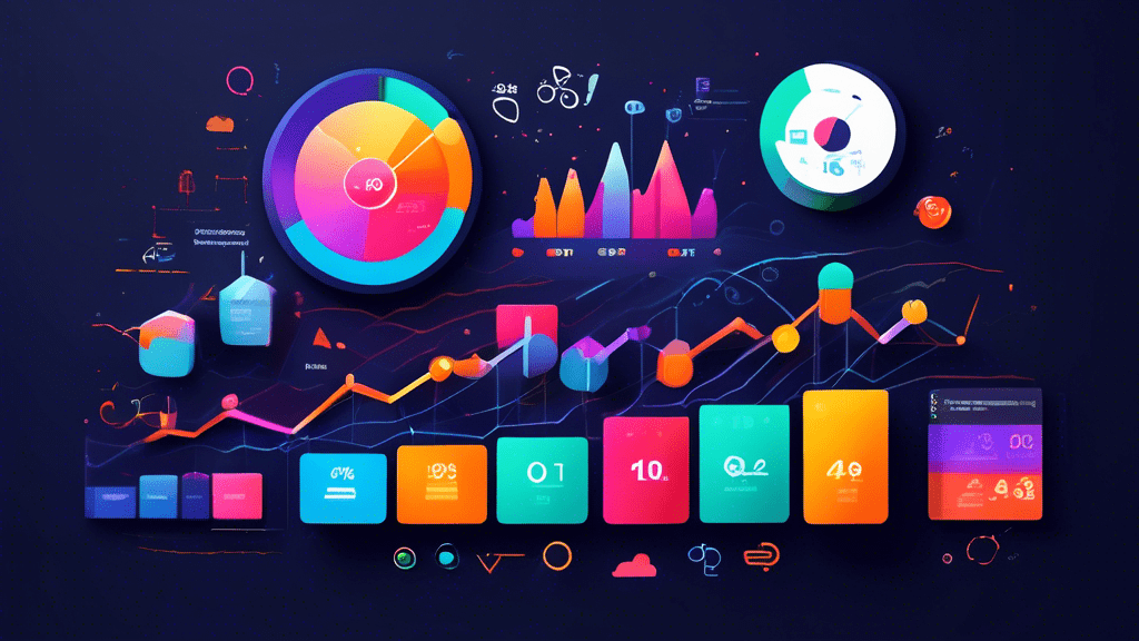 An artistic depiction of a colorful dashboard showcasing various key marketing metrics like conversion rates, click-through rates, and customer acquisition costs, with digital icons and graphs creatively floating above a sleek, modern tablet.