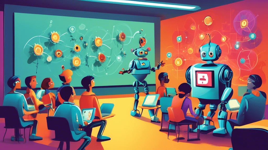 An illustration of a friendly robot teacher explaining different types of computer viruses and malware to a group of curious, diverse beginners in a futuristic, digital classroom setting, with visual metaphors of locks and shields representing security.
