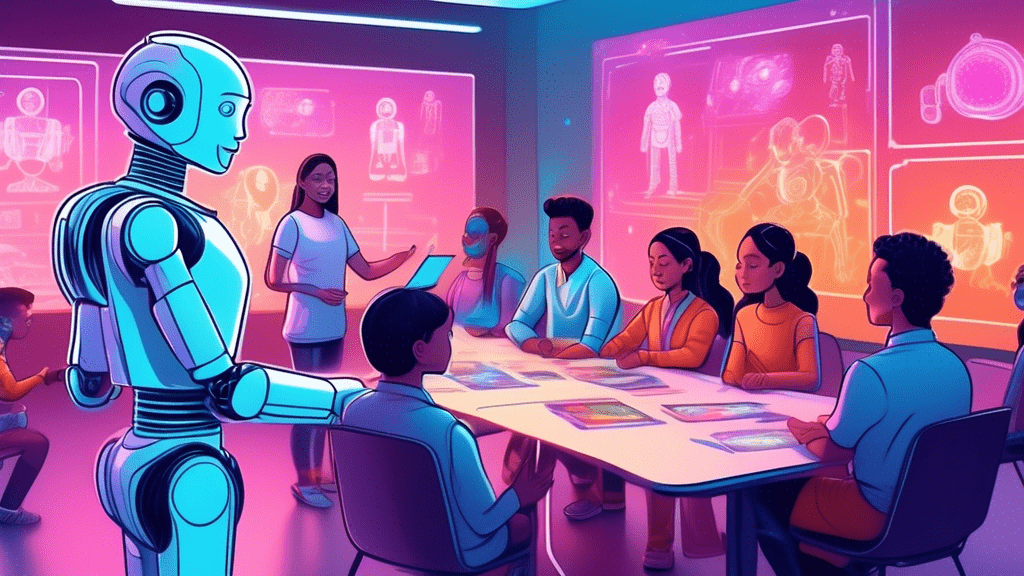 Digital illustration of a friendly humanoid robot teaching a diverse group of people about NFTs in a futuristic classroom, with holograms of various NFT artworks floating around.