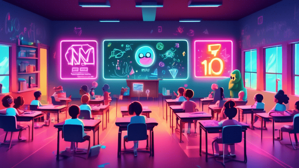 A colorful, digital classroom with cartoon characters of various ages sitting at desks, looking attentively at a large, glowing, floating NFT symbol in the center, with 'NFT 101' written on a chalkboard in the background.