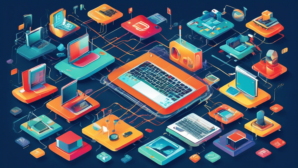 An imaginative digital landscape where various devices and operating systems coexist harmoniously, showcasing examples of platform-agnostic technology in action, illustrated in a detailed, infographic style.